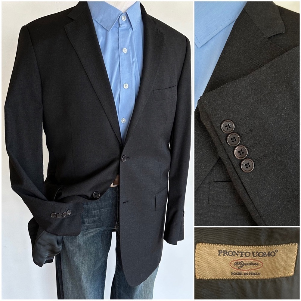 Pronto Uomo Mens Blazer Sport Coat Two Button Casual Jacket Size 44L Wool Suit